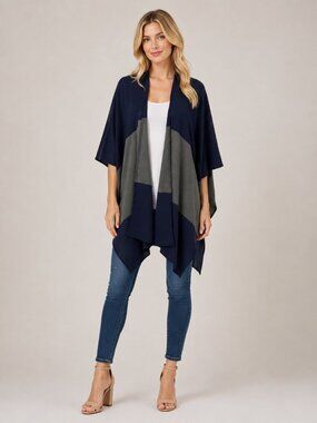 St. John Blue Gray Colorblock Knit Open Front Sweater Poncho One Size #9456